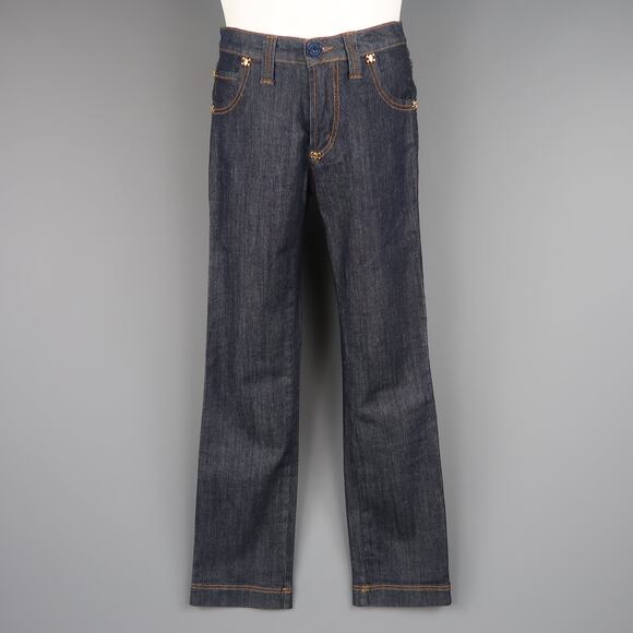 FRANKIE MORELLO 30 Indigo Contrast Stitch Denim Gold Skull Crossbones Stud Jeans - Picture 1 of 8